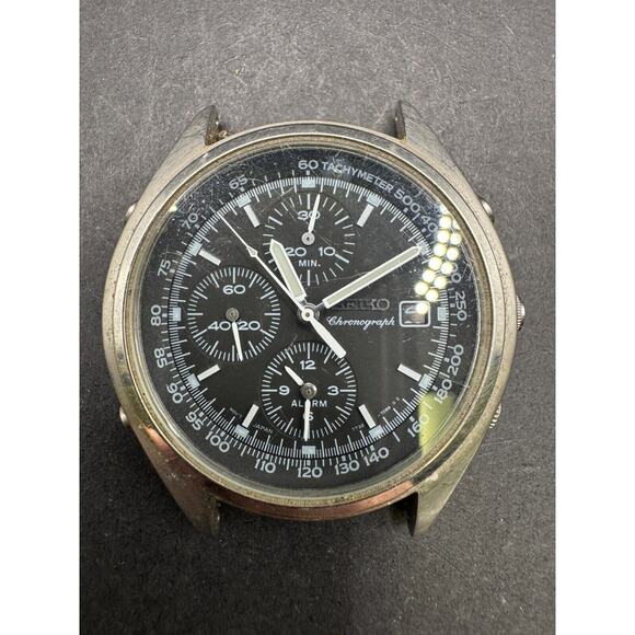 Vtg Seiko Panda Chronograph Quartz 7T32 7C60 Black Dial Watch Stainless Steel WR main image 5